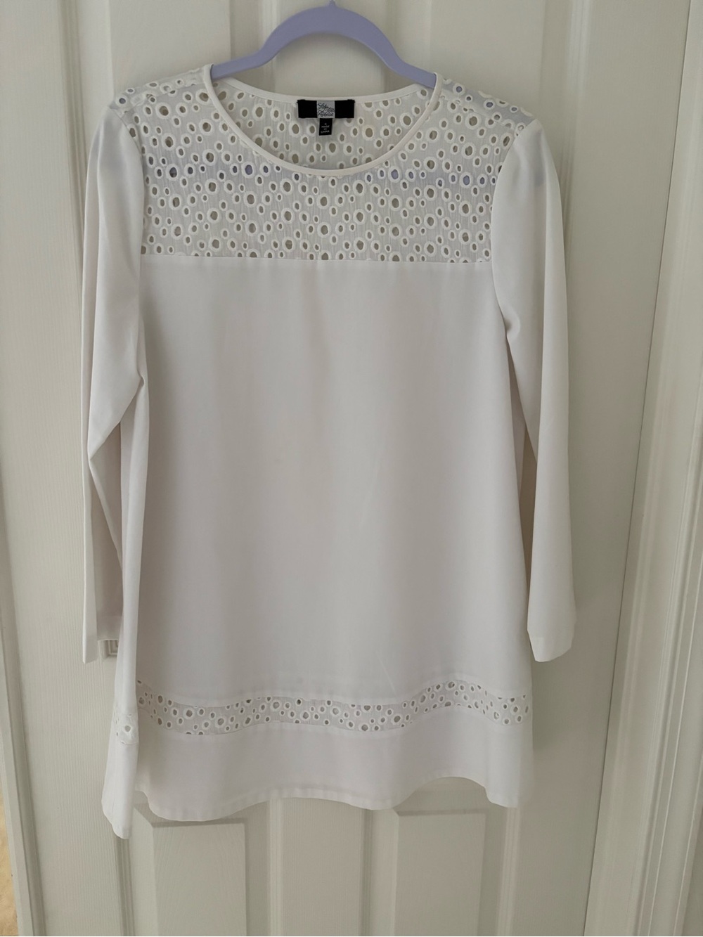 Saks fifth Ave White Eyelet Yoke 3/4 Sleeve cotton Top/dress